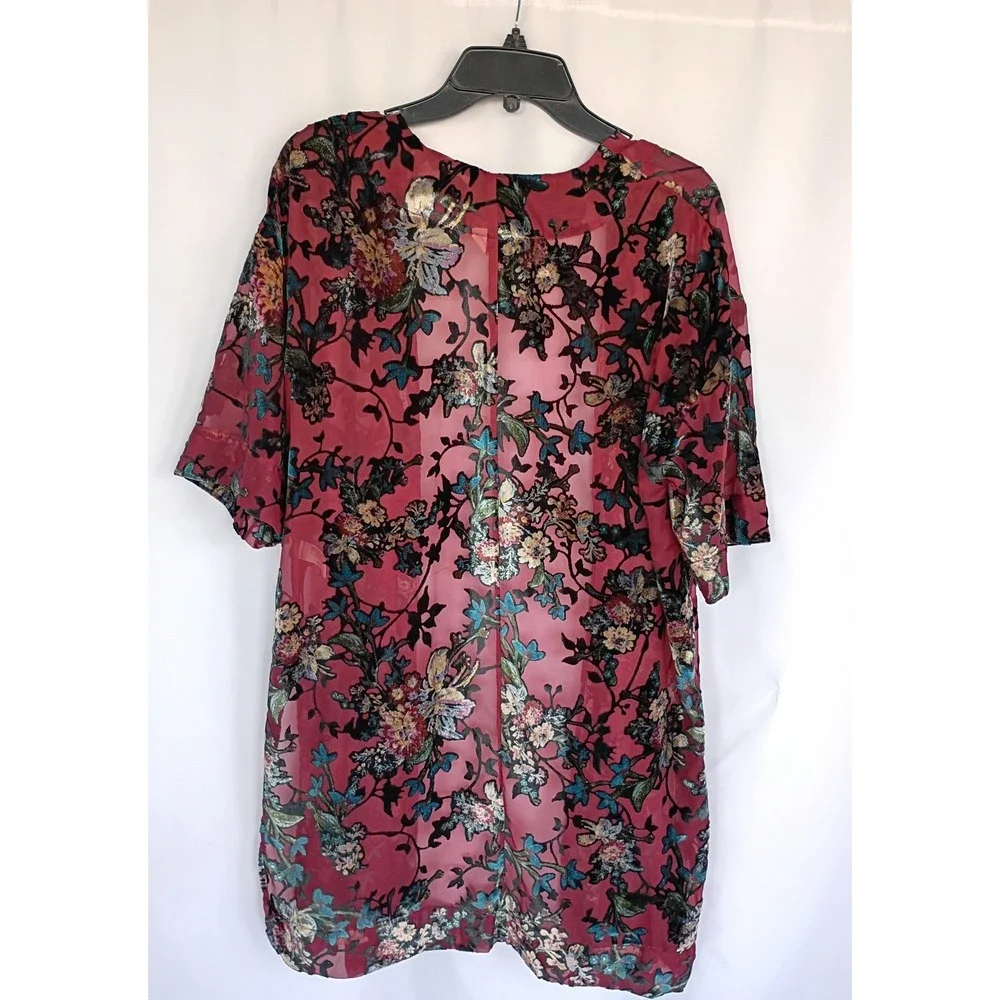 Arizona Jean Co Women Burnout Velvet Floral Open Front Kimono Burgundy Black M/L - Picture 2 of 8
